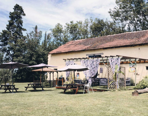 Zona de descanso exterior con mesas, sombrillas y edificio rústico en Camping d'Artagnan, Occitanie, Francia.