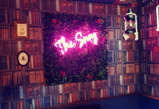 Hyggeligt hjørne med bogtapet, lyserød neonskilt 'The Snug', lanterne og dekorative planter på væg.