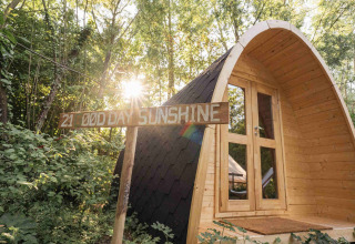 Houten huisje in het bos met bord 'GOOD DAY SUNSHINE', zon schijnt bij RØSTIG vakantiepark in Utrecht.