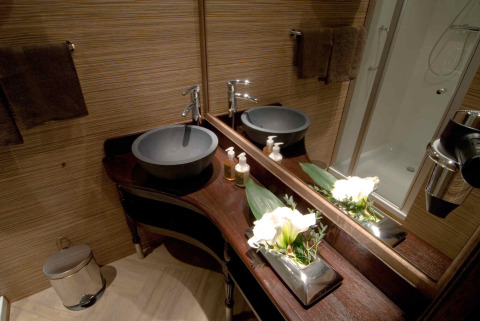 Baño elegante con lavabo moderno y flores en la tienda safari RoyalLodge, Slow Village Provence, Francia.