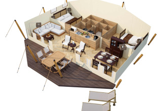 3D-weergave van het interieur van RoyalLodge safaritent bij Slow Village Provence Occitane in Frankrijk.