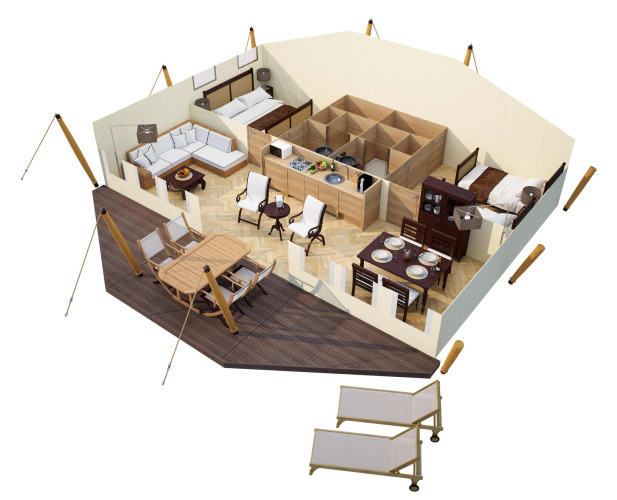 Vista 3D del interior de la tienda safari RoyalLodge en Slow Village Provence Occitane, Francia.