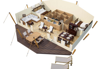 3D view of the interior layout in the RoyalLodge safari tent at Slow Village Provence Occitane, France.
