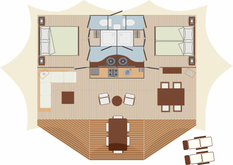 Plattegrond van een RoyalLodge safaritent met twee slaapkamers, badkamer, leefruimte en buitenterras.