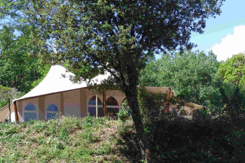 Safaritent RoyalLodge bij Slow Village Provence Occitane in Frankrijk, genesteld tussen groene bomen.