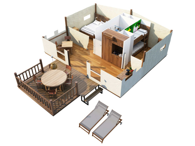 Plano en 3D de la tienda SunLodge Safari en Slow Village Provence Occitane, Francia, con terraza y tumbonas.
