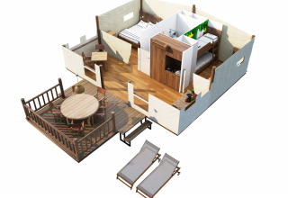 Plano en 3D de la tienda SunLodge Safari en Slow Village Provence Occitane, Francia, con terraza y tumbonas.