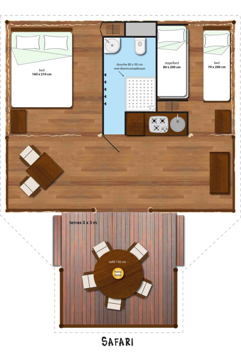 Plattegrond van de SunLodge Safari tent in Slow Village Provence Occitane, met bedden, keuken, badkamer en terras.