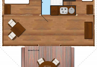 Plattegrond van de SunLodge Safari tent in Slow Village Provence Occitane, met bedden, keuken, badkamer en terras.