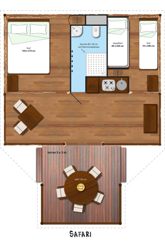 Floor plan of SunLodge Safari tent at Slow Village Provence Occitane, showing beds, kitchen, bathroom, and terrace.