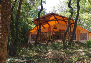 SunLodge Safari tent bij Slow Village Provence Occitane in Frankrijk, omringd door het bos.