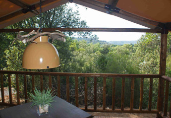Uitzicht vanuit een SunLodge Safari tent bij Slow Village Provence Occitane in Frankrijk, met lamp en bos.