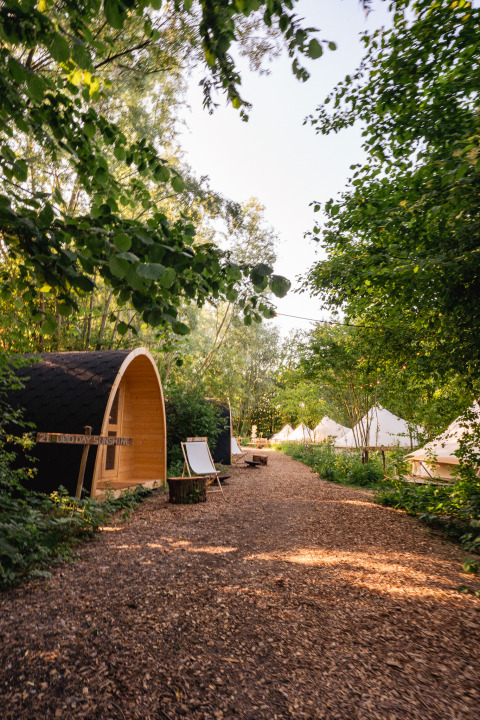 Houten hut en tenten aan een bospad bij vakantiepark RØSTIG in Utrecht, Nederland onder groene bomen.
