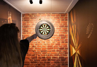 En person spiller dart i et smalt rum med murstensvæg på Recreatiepark het Esmeer i Gelderland, Holland.