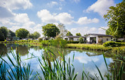 Feriehytter ved en sø i Recreatiepark het Esmeer, omgivet af grønne træer og blå himmel i Gelderland.