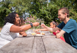 Famiglia si gode un picnic all'aperto e brinda con vino a Résidence Lichtenvoorde in Gelderland, Paesi Bassi.