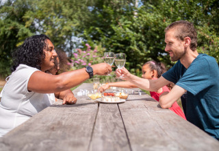 Familie nyder picnic udendørs og skåler med vin på Résidence Lichtenvoorde i Gelderland, Holland.