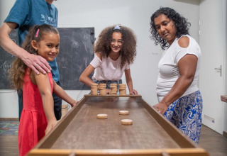 Famiglia che gioca a un gioco da tavolo al Résidence Lichtenvoorde, parco vacanze in Gelderland, Paesi Bassi.