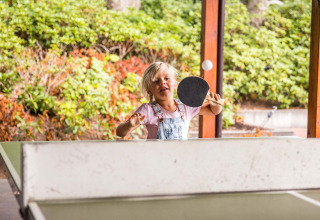 Niño jugando al ping pong con raqueta en Landgoed de Scheleberg, parque vacacional en Gelderland, Países Bajos.