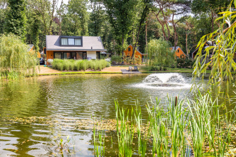 Ferienhäuser am Teich mit Springbrunnen im Landgoed de Scheleberg in Gelderland, Niederlande.