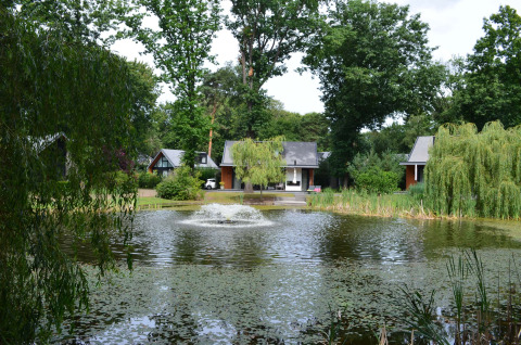 Estanque con fuente y casas de vacaciones al fondo en Landgoed de Scheleberg, Gelderland, Países Bajos.