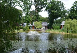 Teich mit Springbrunnen und Ferienhäusern im Grünen im Landgoed de Scheleberg, Gelderland, Niederlande.