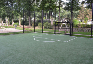 Kunststoff-Fußballplatz mit Zaun, umgeben von Bäumen im Ferienpark Landgoed de Scheleberg, Gelderland, Niederlande.