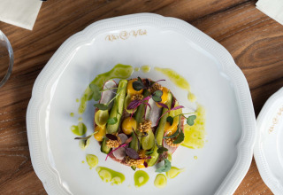 En gourmetret serveret på en hvid tallerken på Landgoed de Scheleberg feriepark i Gelderland, Holland.