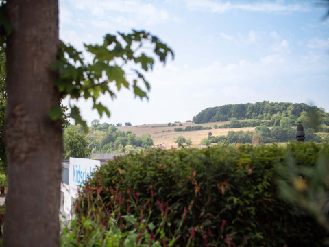 Zicht op het glooiende landschap vanuit Résidence Valkenburg vakantiepark in Limburg, Nederland, met groene velden.