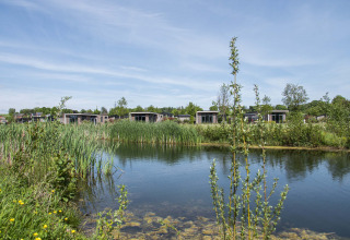 Vakantiepark Résidence Valkenburg in Limburg, Nederland, met moderne huisjes langs een rustige vijver.