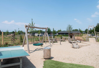 Speeltuin met schommel, pingpongtafel en zand gelegen in een vakantiepark in Limburg, Nederland.