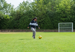 Iemand trapt tegen een gele voetbal op het gras bij Résidence Valkenburg in Limburg, Nederland.