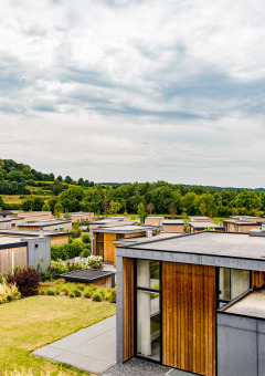 Bungalows modernos con techo plano en Résidence Valkenburg, Limburg, Países Bajos, rodeados de naturaleza.