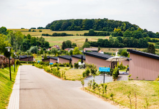 Parque vacacional Résidence Valkenburg en Limburg, Países Bajos, con cabañas y paisajes verdes colinas.