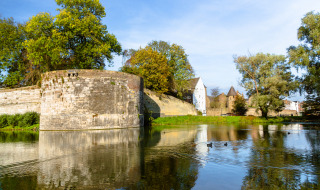 Vista de una fortaleza histórica de piedra con estanque, patos y áreas verdes en un parque vacacional.