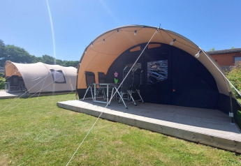Tunnel telte ved Sevink Molen campingplads i Holland, med træterrasse og stole i sommervejr.