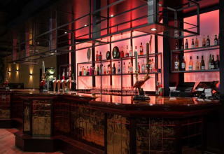Bar elegante con scaffali illuminati e bottiglie al Bospark Ede, parco vacanze in Gelderland, Paesi Bassi.