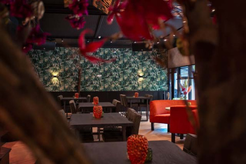 Indretning af en restaurant med grønne vægpaneler og røde møbler i Bospark Ede, Gelderland, Holland.