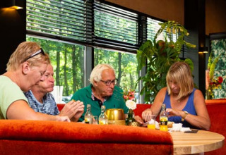 Quatre personnes âgées partagent un repas convivial dans un restaurant à Bospark Ede, Gelderland, Pays-Bas.