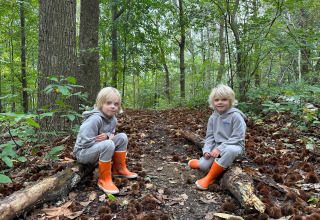 Two children in grey outfits and orange boots sit on logs in a lush forest at Camping de Boskant, Limburg.
