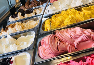 Eine Auswahl an buntem Gelato-Eis in einer Vitrine, ein Highlight im Camping de Boskant in Limburg, Niederlande.