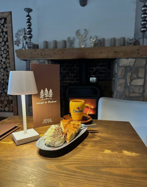 Cozy setup with hot chocolate, pie, and cream by a fireplace at Camping de Boskant, Limburg, Netherlands.