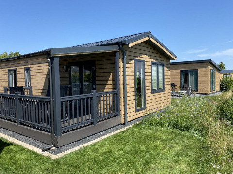 Cabaña Chalet Waldfee con terraza en Camping & Ferienpark Brilon, Alemania, rodeada de césped y flores silvestres.