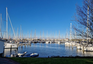 View of the marina at Marina Parcs - Jachthaven De Hoop in North Holland with many sailboats docked.