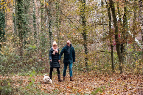 Coppia che passeggia con un piccolo cane nel bosco autunnale vicino al Verandah Chalet, Camping Sevink Molen, Paesi Bassi.