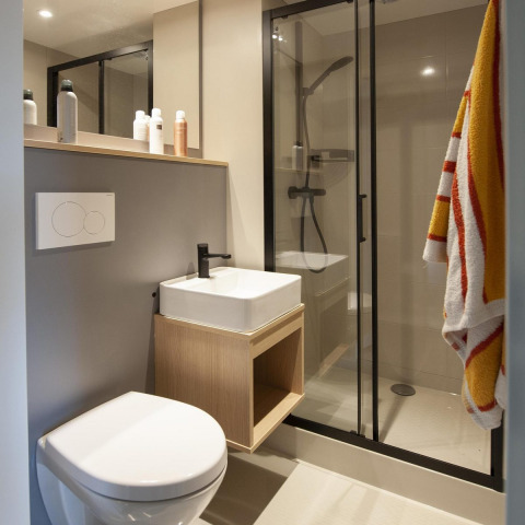 Bagno moderno nella Nature Wellness Suite Hot tub al Camping Sevink Molen, Paesi Bassi, con doccia.