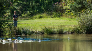 Niño pescando en la orilla de un estanque en Jocomo Parc, un parque de vacaciones en Limburgo, Bélgica.