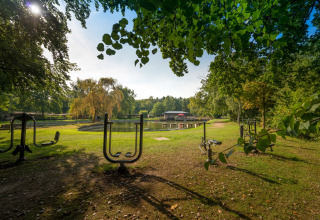 Udendørs fitnessudstyr ved en sø i Jocomo Parc, en feriepark i Limburg, Belgien, omgivet af natur.