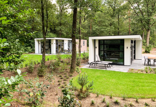 Moderne vakantiechalets omgeven door natuur bij Recreatiepark Beekbergen in Gelderland, Nederland.