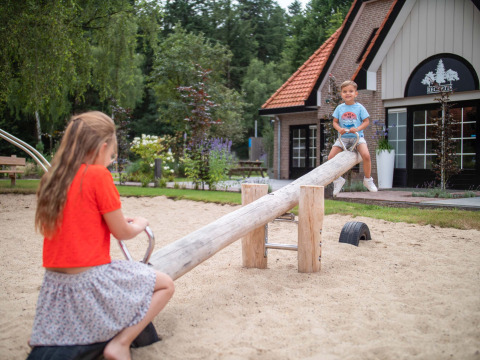 Dos niños juegan en un sube y baja en un parque de arena en Resort Veluwe, parque vacacional en Gelderland.